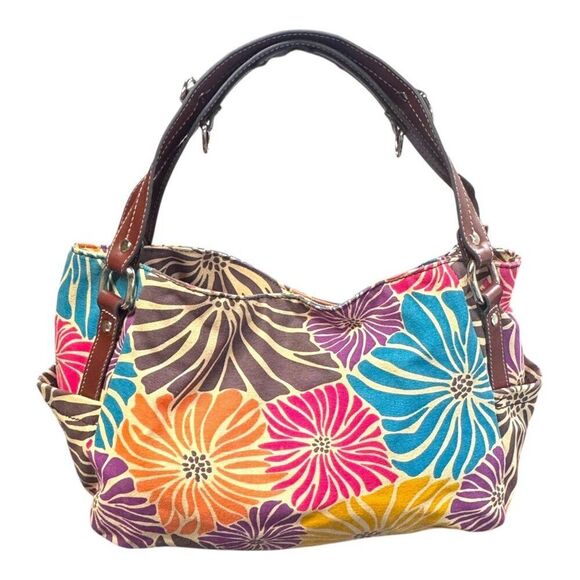 Floral Multi-Color Relic Canvas Purse Handbag Heart Charm & Brown Handles READ - Picture 1 of 10